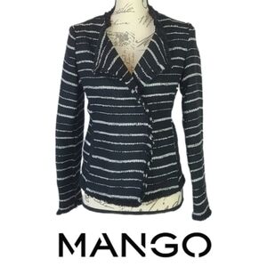 Mango Boucle Textured Stripe Jacket in Black and White, XS